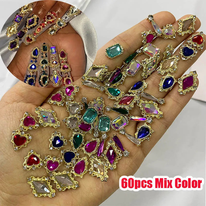 60Pcs 3D Crystal Nail Rhinestones Mixed Alloy Gem Charms DIY