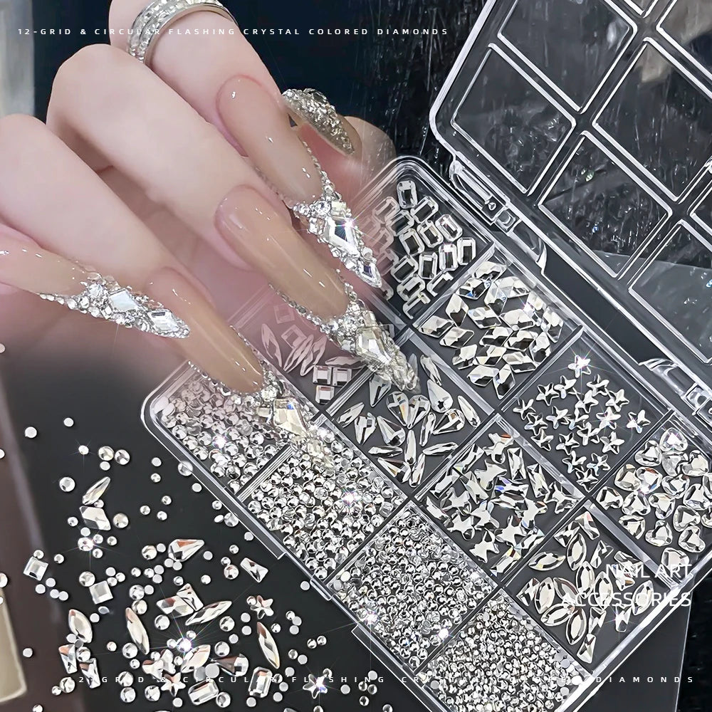 12-Grid Mixed AB Crystal Nail Rhinestones & Glitter Gems Set Nail Art Rhinestones PRIMED A3
