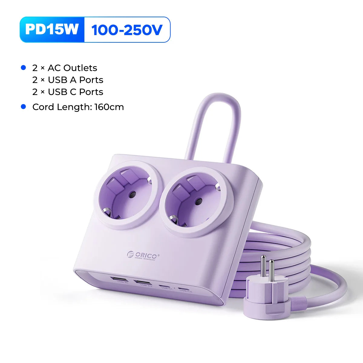ORICO PD 15W Power Strip 2 USB-C 2 AC 2 USB-A EU Desk Charger Desktop Power Strip PRIMED 15W Purple China Mainland EU Plug