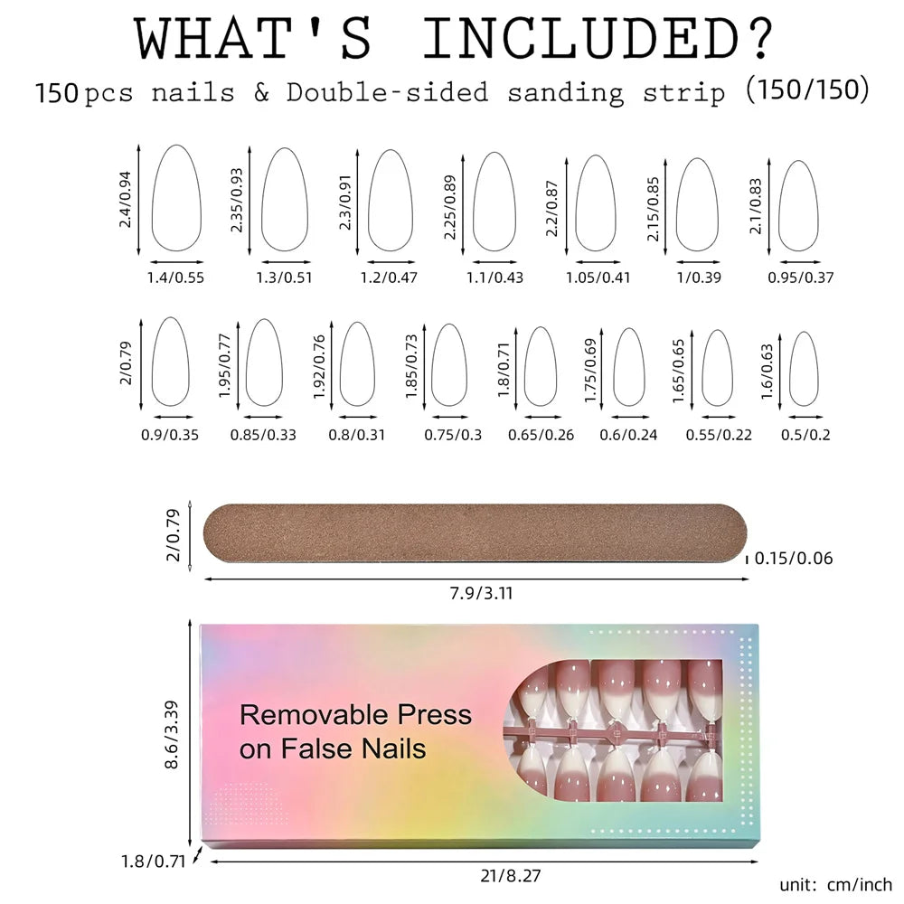 150Pcs Almond Press On Nails – Nude Pink French Ombre Press On Nails PRIMED