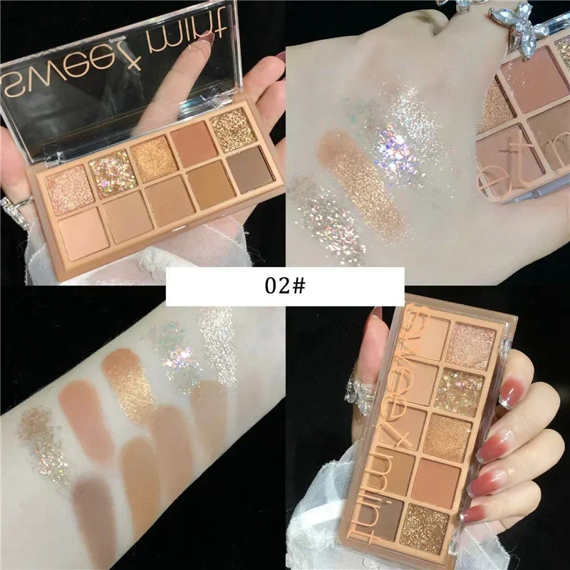 10-Color Glitter Shimmer Eyeshadow Palette – Waterproof & Nude
