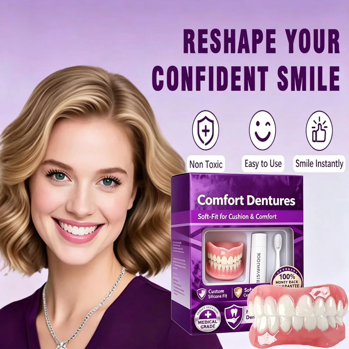 Silicone Dentures Full Set – Upper & Lower Fake Teeth Combo