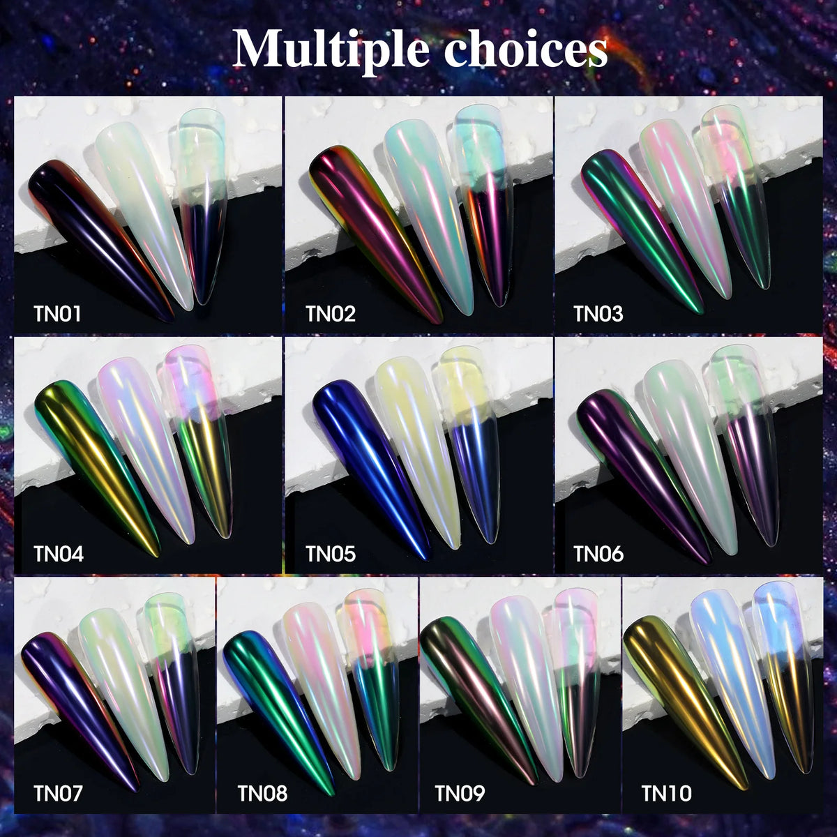 10-Color Aurora Chrome Nail Powder – Iridescent Chameleon Pigment