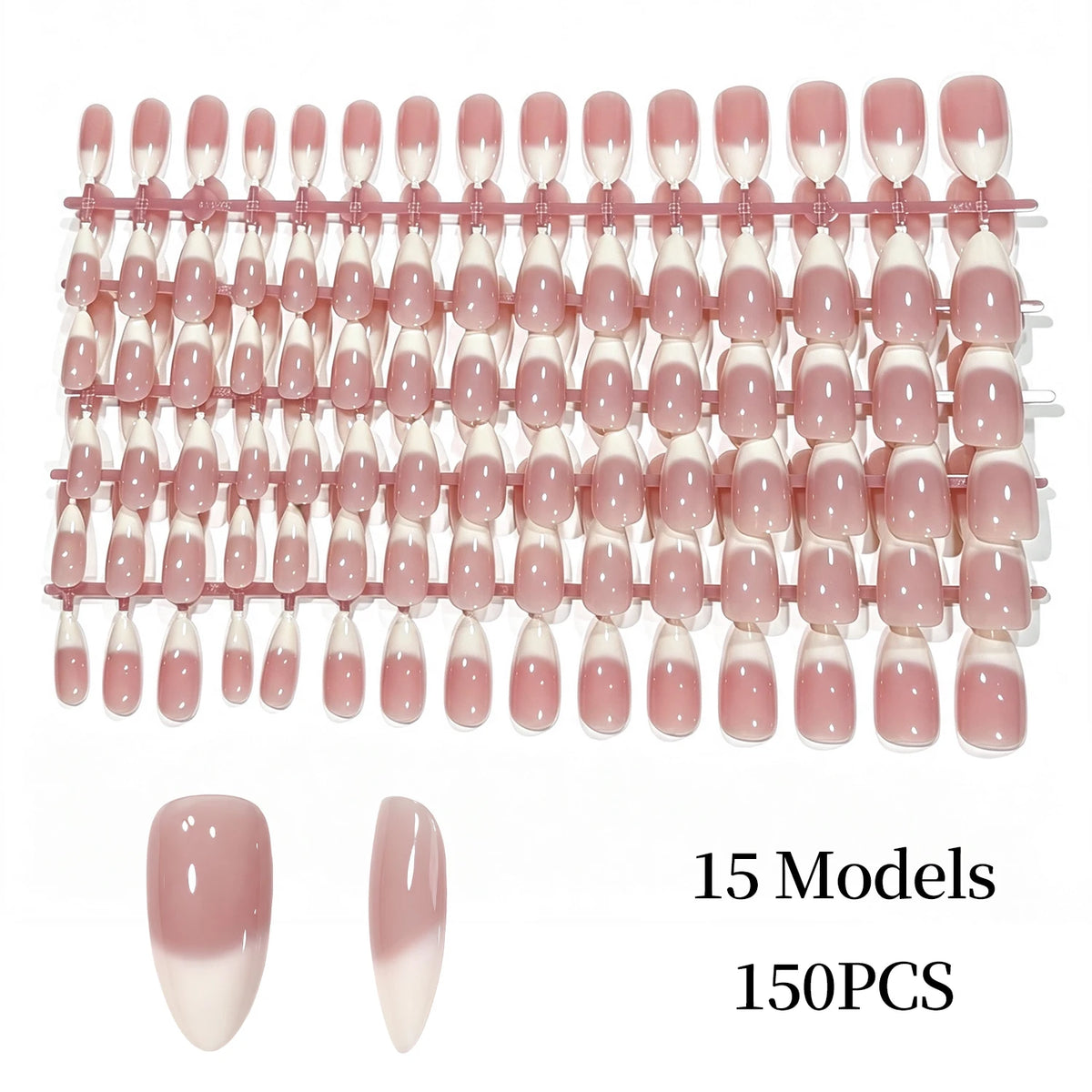 150Pcs Gradient Pink Almond Press On Nails | French White Edge