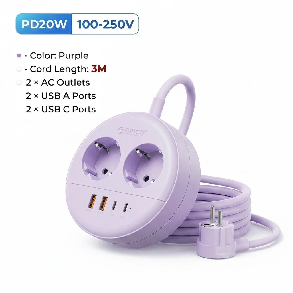 ORICO Desktop Round Power Strip PD20W USB-C USB-A EU Plug Desktop Power Strip PRIMED 3M 2A2U2C Purple China Mainland EU Plug