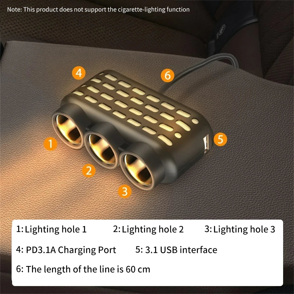 120W 3-in-1 USB-C Car Cigarette Lighter Splitter | Fast Charge Car Charger Adapter PRIMED