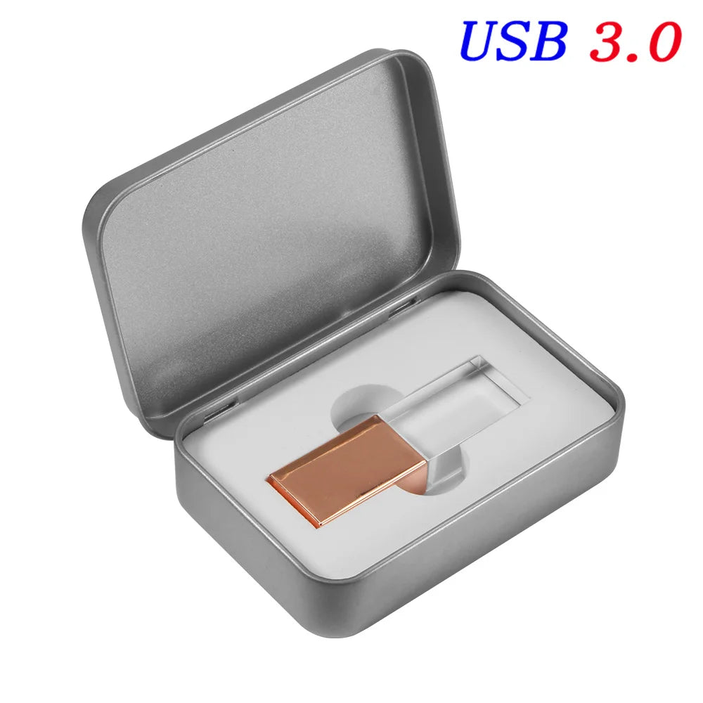 JASTER Crystal USB 3.0 Flash Drive 4GB–128GB Transparent Glass USB Flash Drive PRIMED 64GB Rose With Iron box