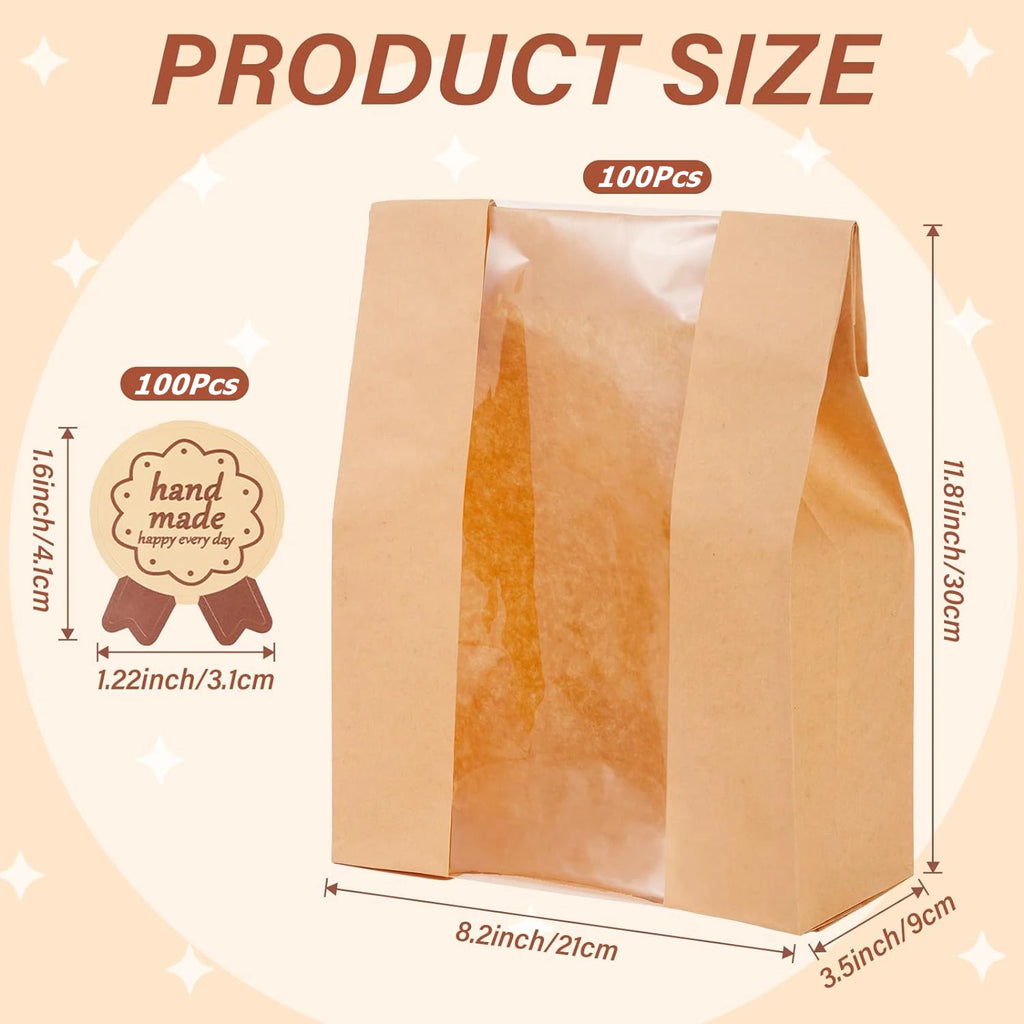 LMETJMA Large Paper Bread Bags with Window – 25 Pack Bakery Packaging Bags PRIMED 100 Pcs