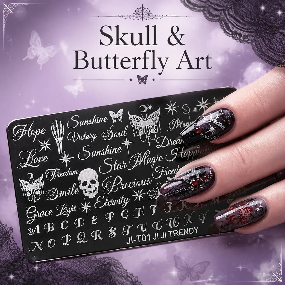 Y2K Gothic Nail Stamping Plate – Skull Butterfly Cursive DIY