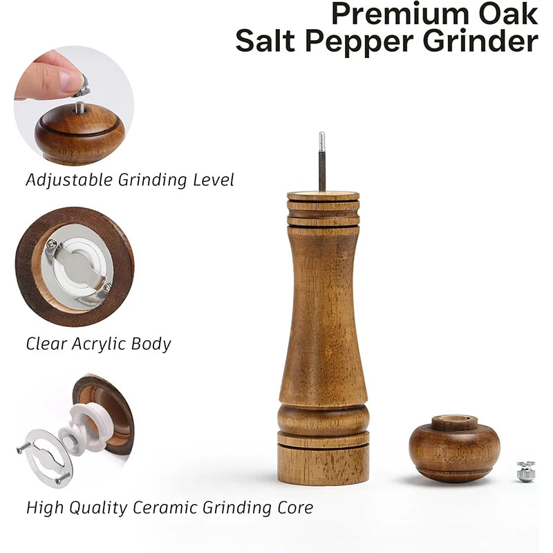 Oak Wood Salt & Pepper Grinder Set – Adjustable Ceramic Mill Salt & Pepper Mill Set PRIMED