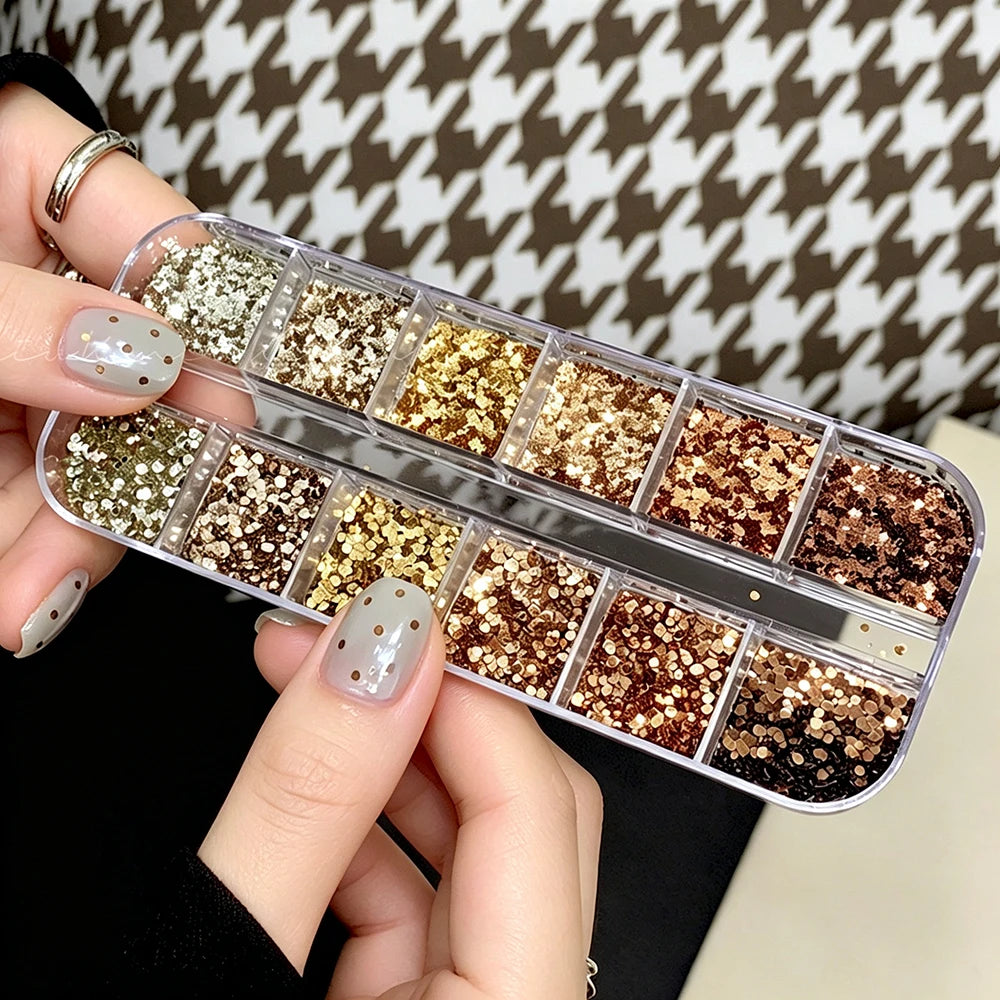 12-Grid Nail Glitter Sequins – Caramel Amber Brown Stars & Dots Nail Art Sequins PRIMED