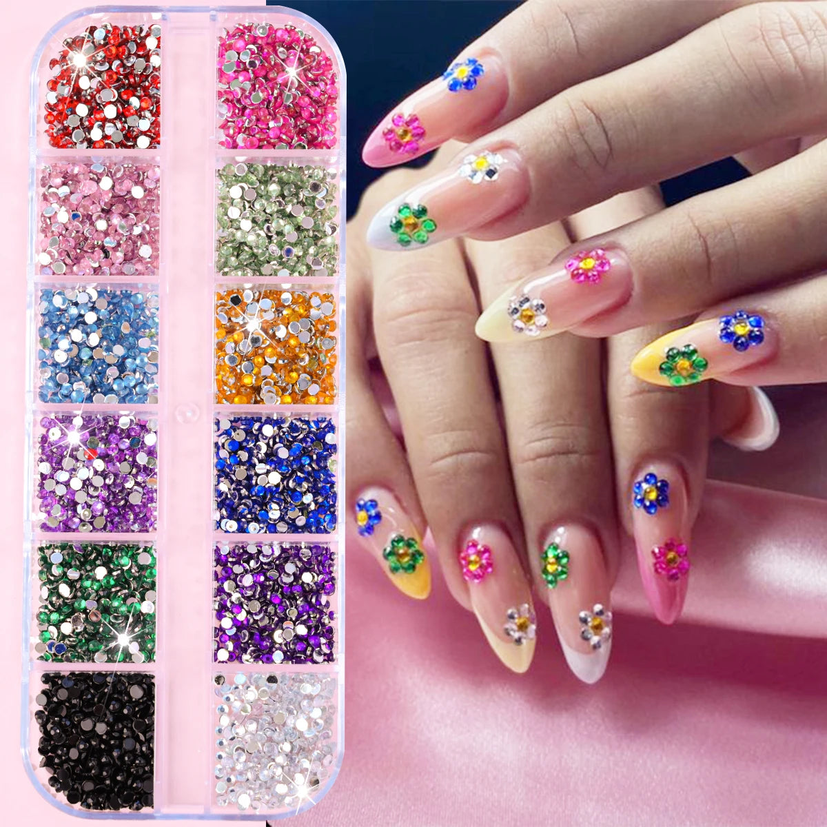 12-Grid 3D Crystal Nail Rhinestones – Mixed Size Gem Set