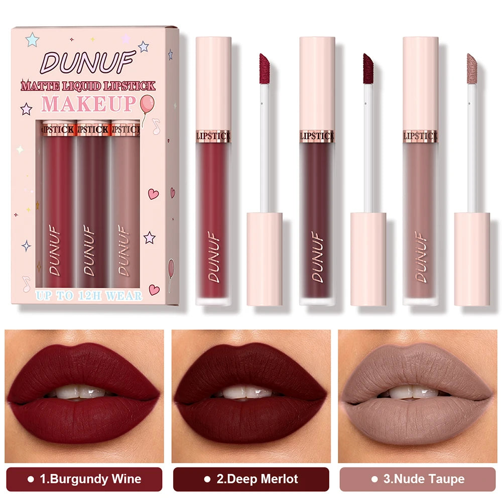 DUNUF 3-Pc Matte Velvet Liquid Lipstick Set – Wine Red & Nude Liquid Lipstick Set PRIMED