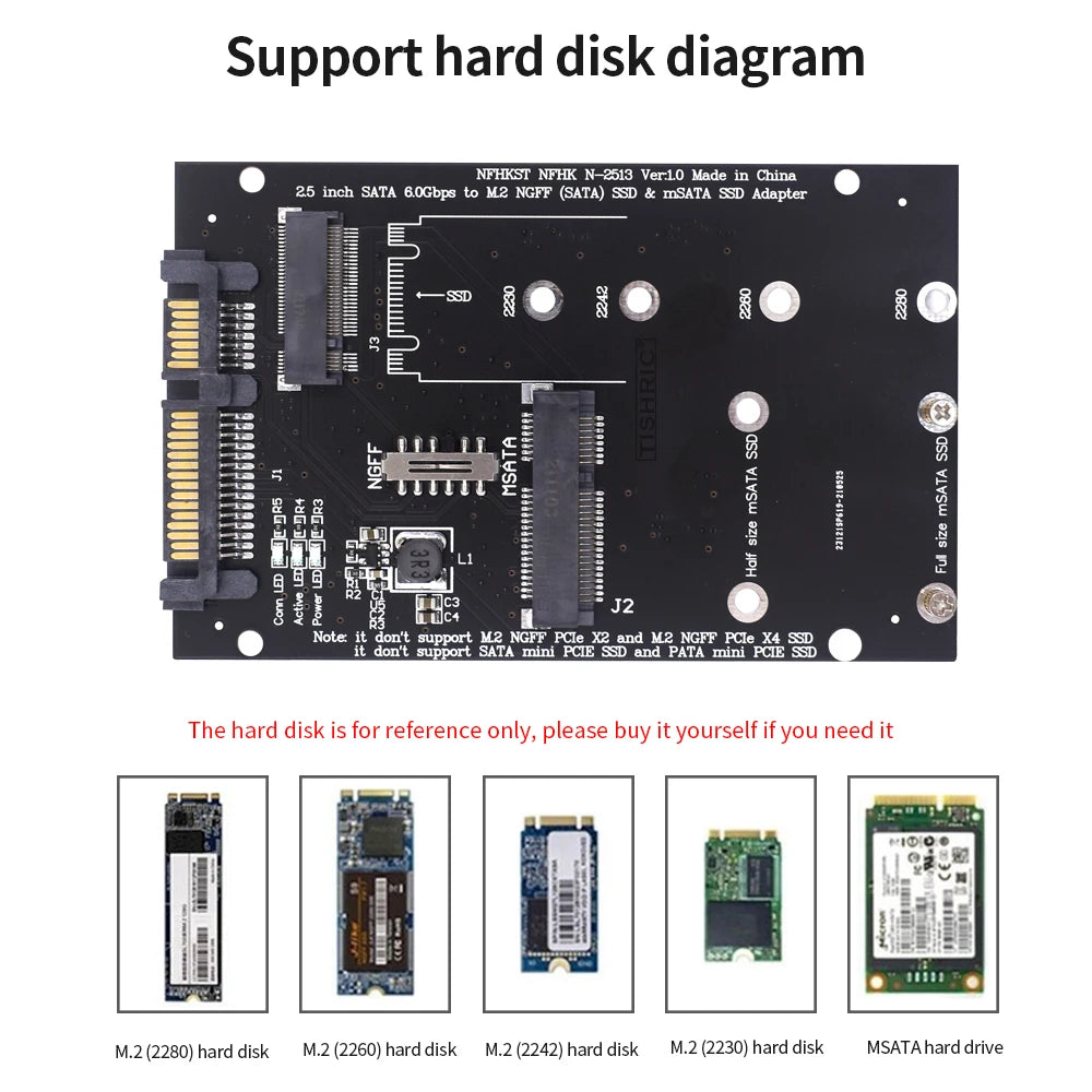 M.2 NGFF mSATA to SATA 3.0 Adapter Card | 2230–2280 SSD SSD Adapter Card PRIMED