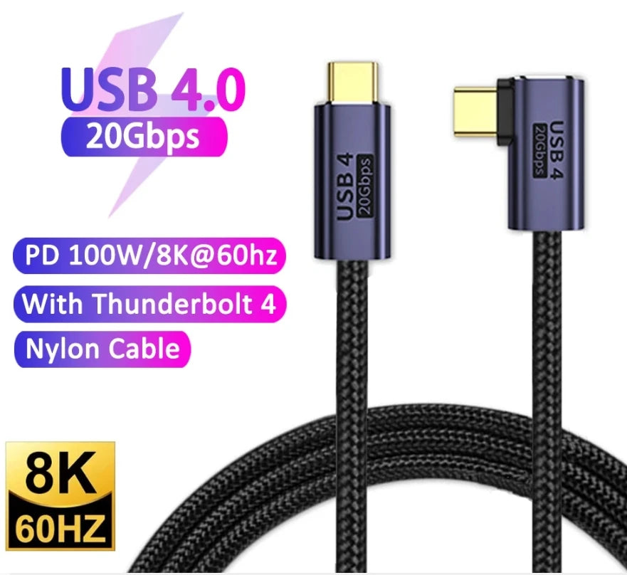 USB4 Thunderbolt 4 Cable 90° PD 100W 20Gbps 8K Type-C USB-C Cable PRIMED