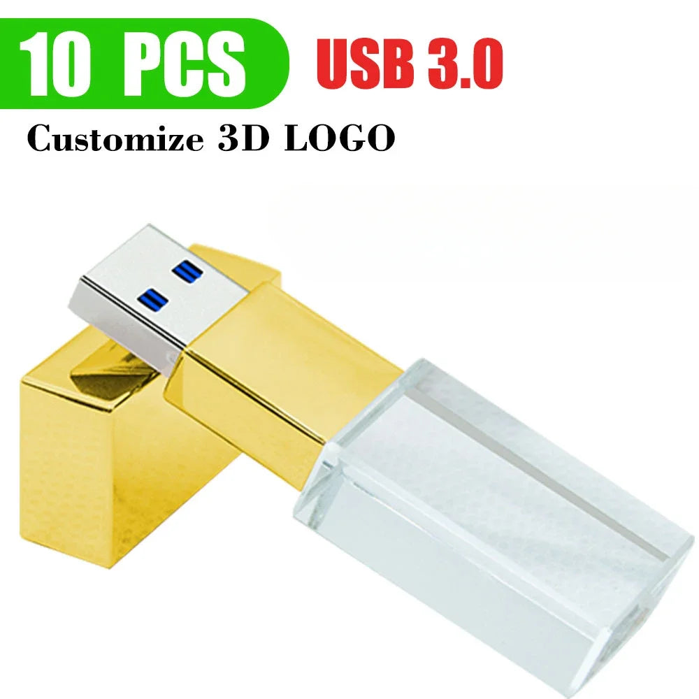 10 PCS Crystal USB 3.0 Flash Drives – LED Light, Free Logo USB Flash Drive PRIMED 16GB x10pcs gold crystal