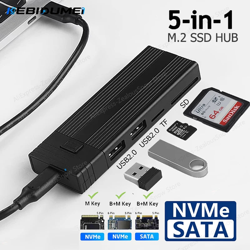 5-in-1 USB-C Hub M.2 NVMe SATA SSD Enclosure + SD/TF Reader SSD Enclosure Hub PRIMED