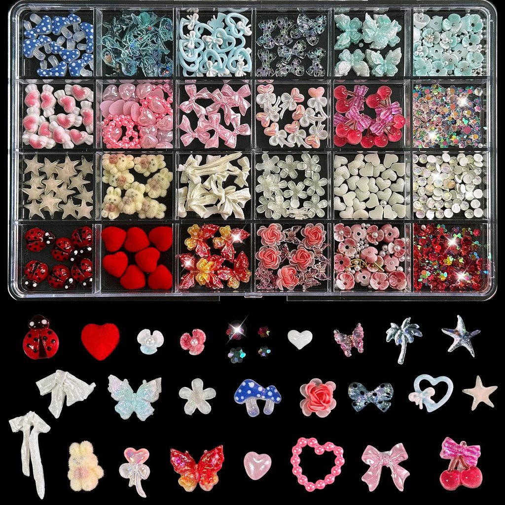 24-Grid 3D Nail Charms – Bows, Butterflies & Crystal Flowers Nail Art Charms PRIMED