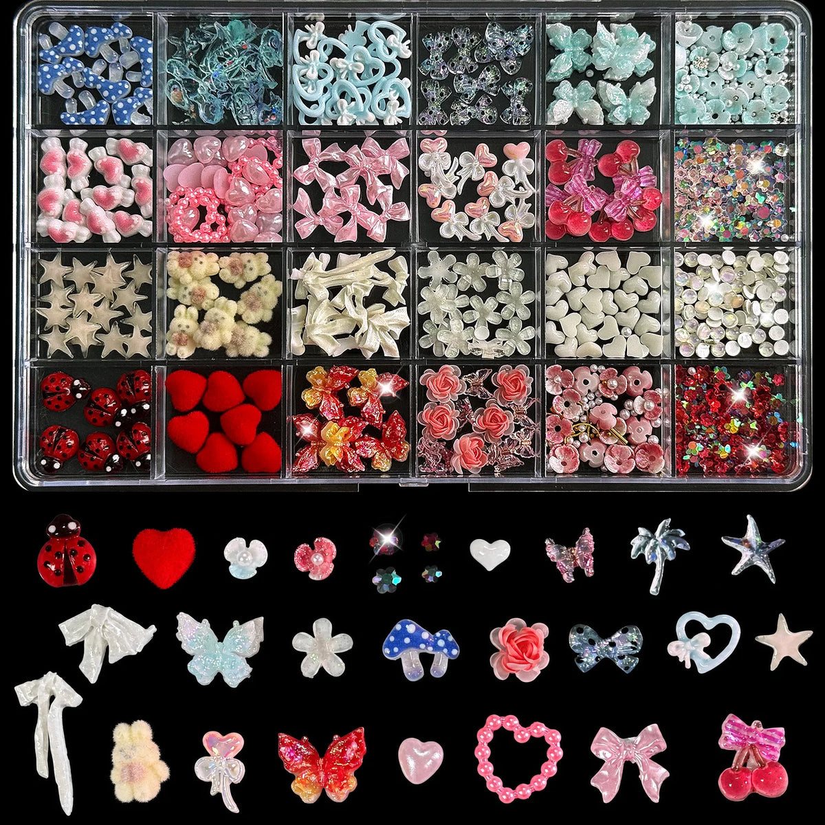 24-Grid 3D Nail Charms – Bows, Butterflies & Crystal Flowers Nail Art Charms PRIMED