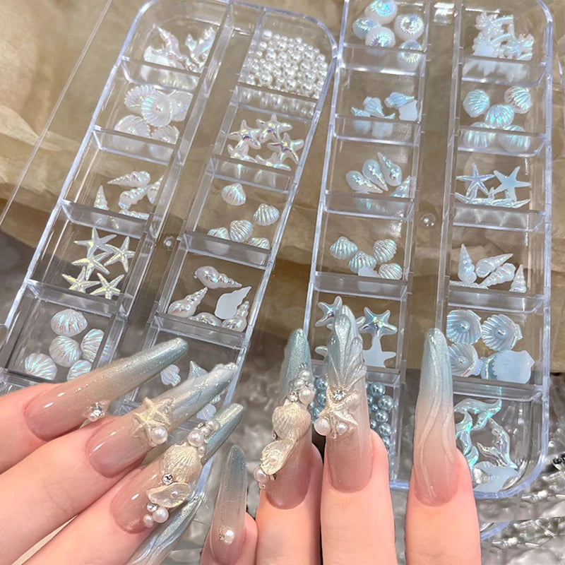 12-Grid Ocean Nail Charms Set – Starfish, Shell & Pearl Art Nail Art Charms PRIMED