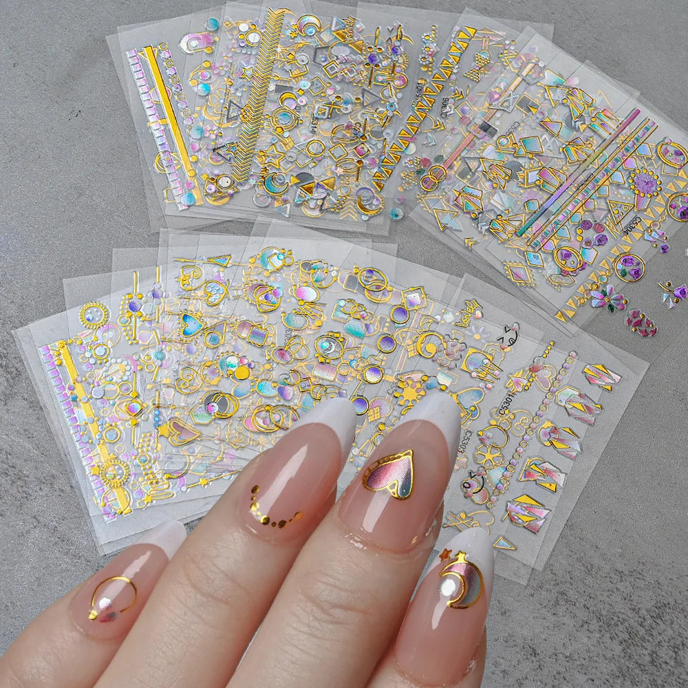 15-Pc Gold Bronzing 3D Heart Laser Nail Slider Sticker Decals Nail Art Stickers PRIMED