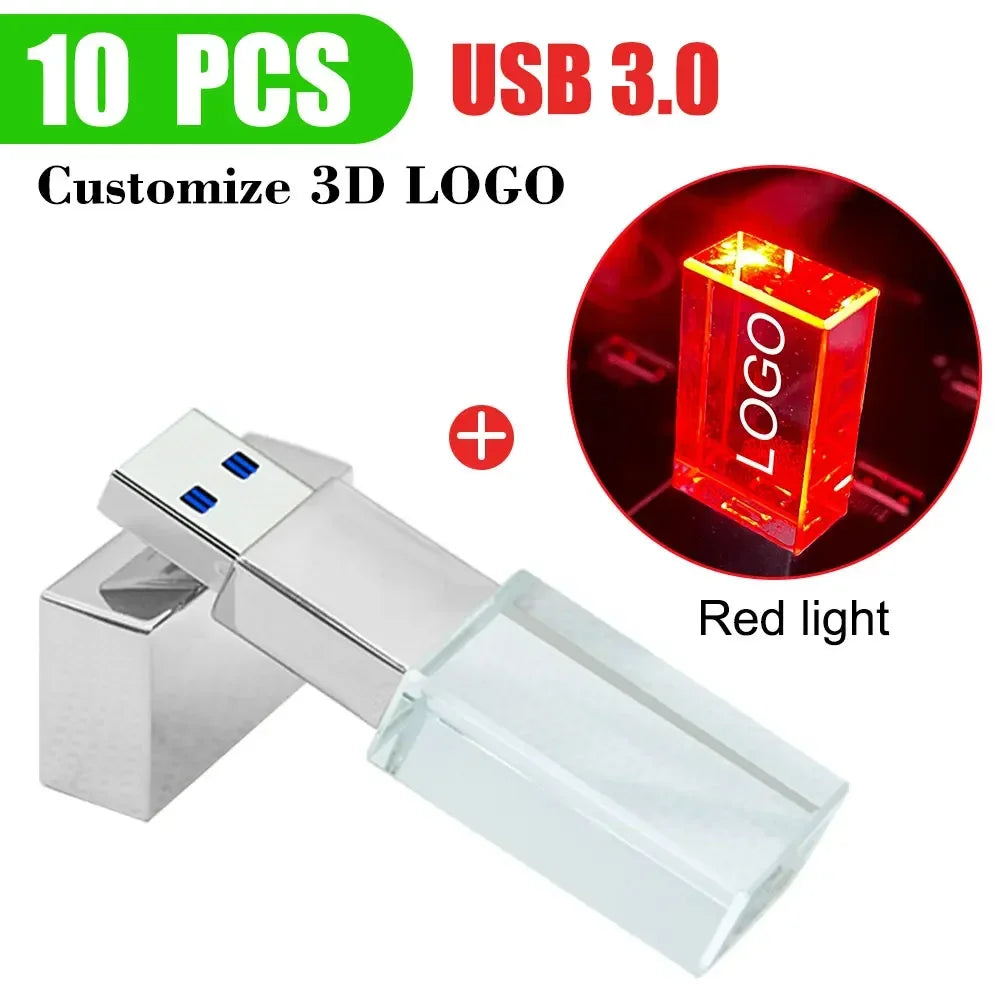 10-Pack Crystal 3D USB 3.0 Flash Drives | Free Engraved Logo USB Flash Drive PRIMED 16GBx10pcs silver - red led