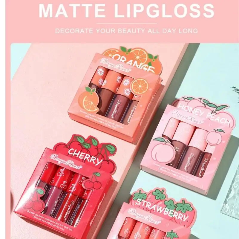 Dragon Ranee 4-Pc Velvet Matte Lip Gloss Set – Fruit Scented Matte Lip Gloss Set PRIMED