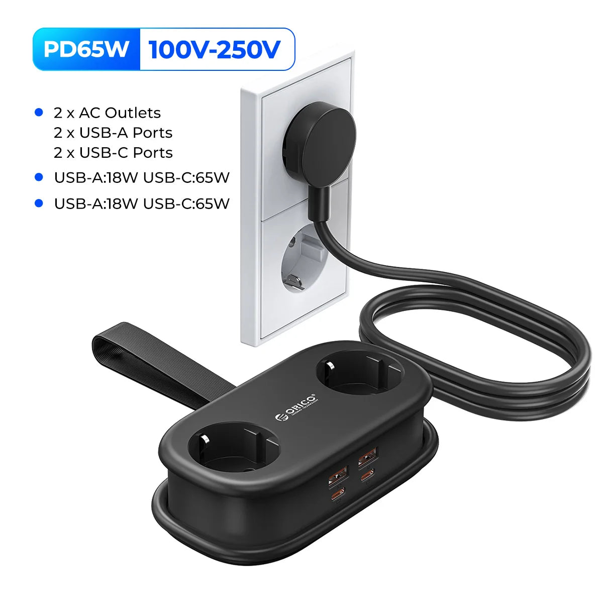 ORICO GaN 65W EU Power Strip | 2 AC + 2 USB-A + 2 USB-C GaN Power Strip PRIMED EU plug Black EU Plug