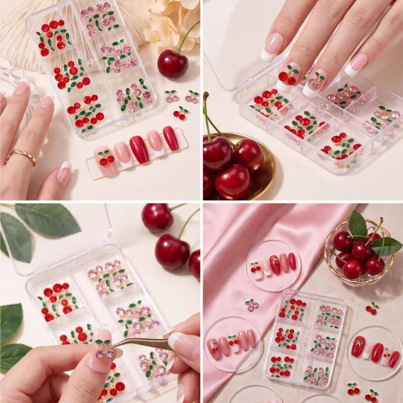 24Pcs Cherry Nail Rhinestones Red Pink Crystal Zircon Art Gems Nail Art Rhinestones PRIMED