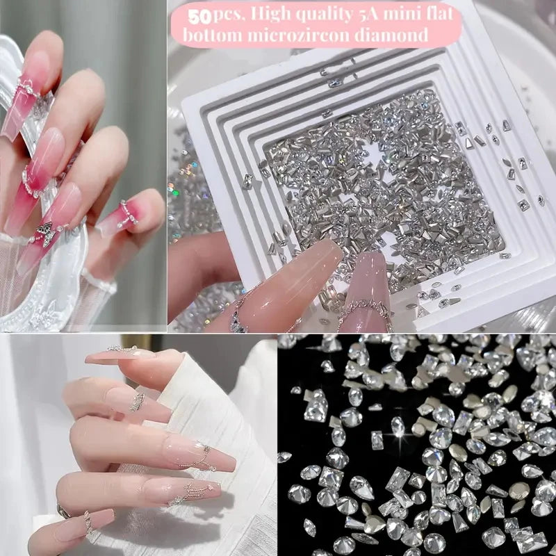 50 Pcs 5A Zircon Crystal Nail Rhinestones – Multi-Shape Charms Nail Art Rhinestones PRIMED