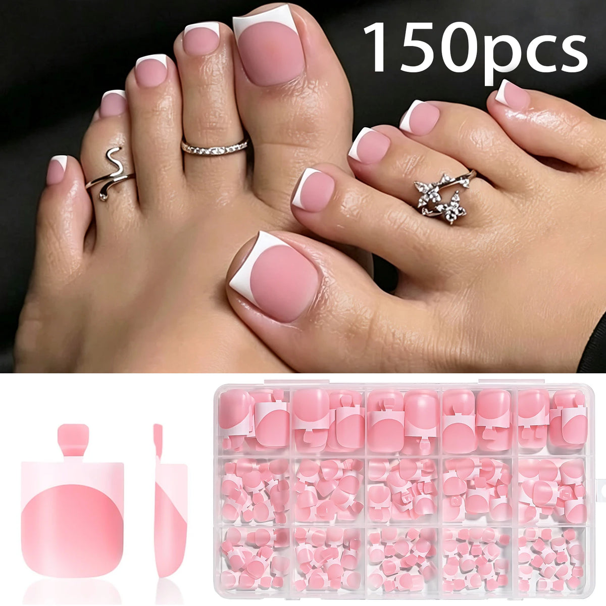 150Pcs Matte Nude Pink French Press-On Toenails Short Square