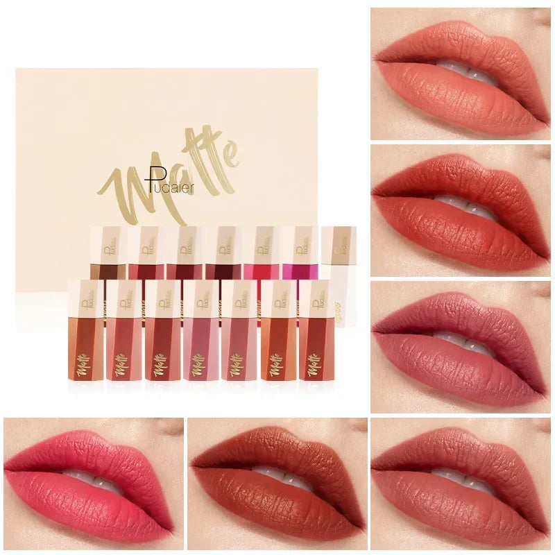 Pudaier 14-Color Velvet Matte Liquid Lipstick Set – Waterproof