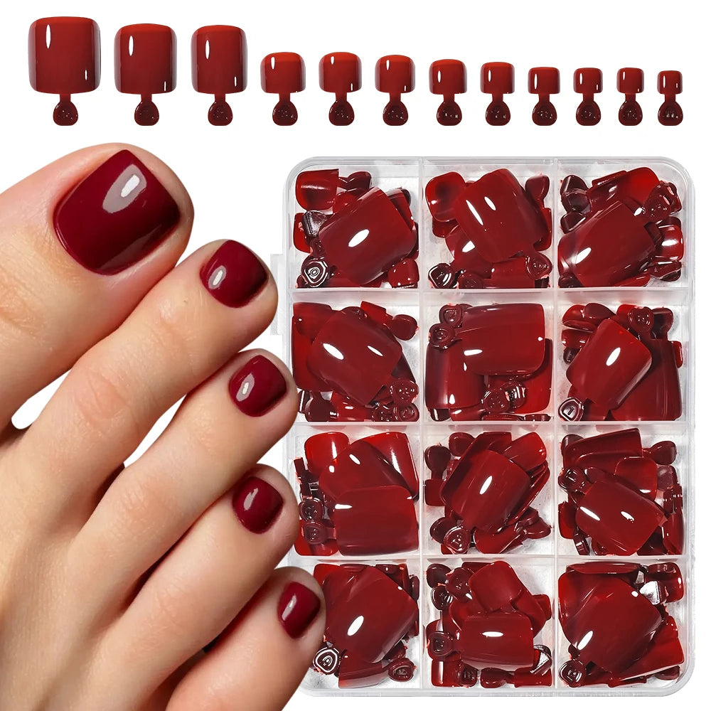 144Pcs Red Press-On False Toenails | Short DIY Full Cover Tips Press-On Nail Tips PRIMED