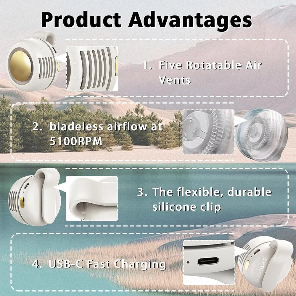 Portable Silent Bladeless Clip Fan – USB Rechargeable 3-Speed Portable Clip Fan PRIMED