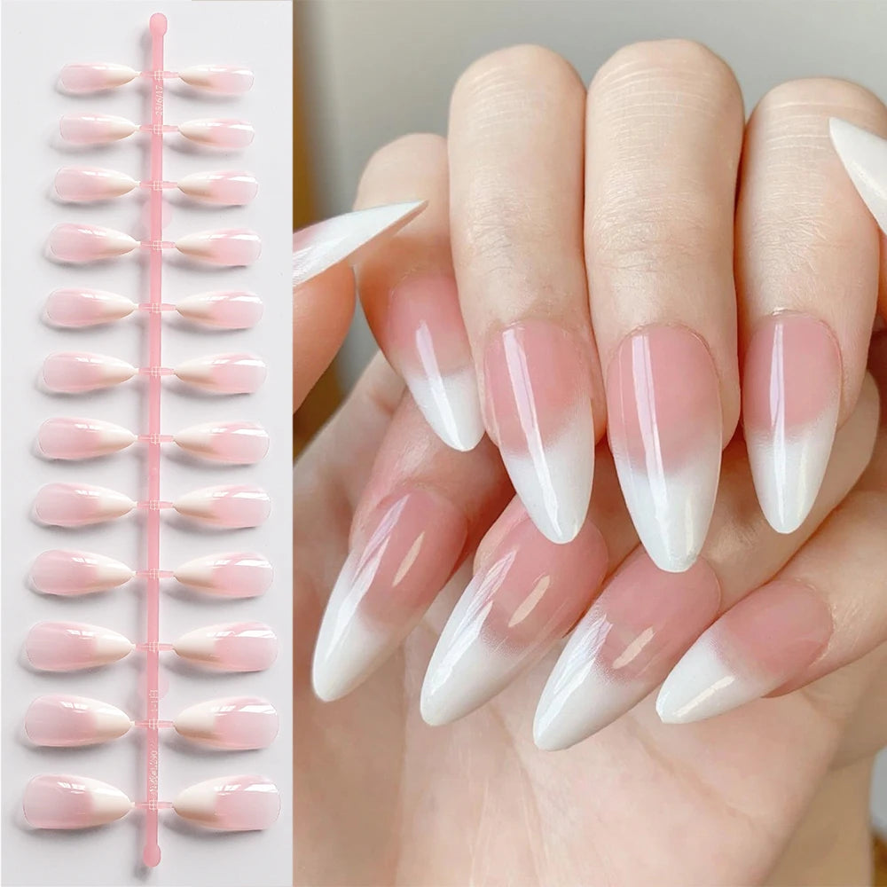 120pcs French Almond Press-On Nails – Nude Pink & White Gradient