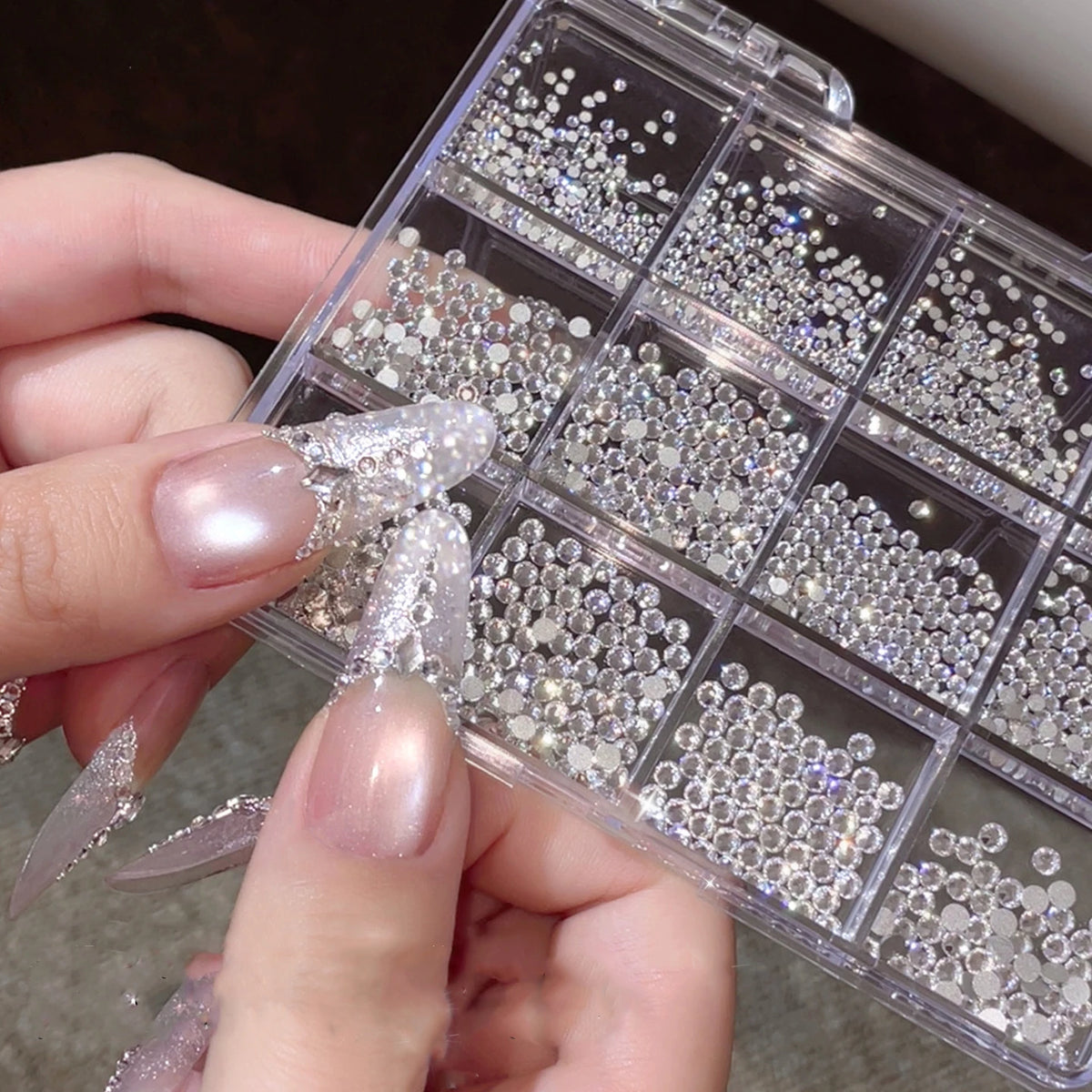 12-Grid Mixed AB Crystal Nail Rhinestones & Glitter Gems Set Nail Art Rhinestones PRIMED