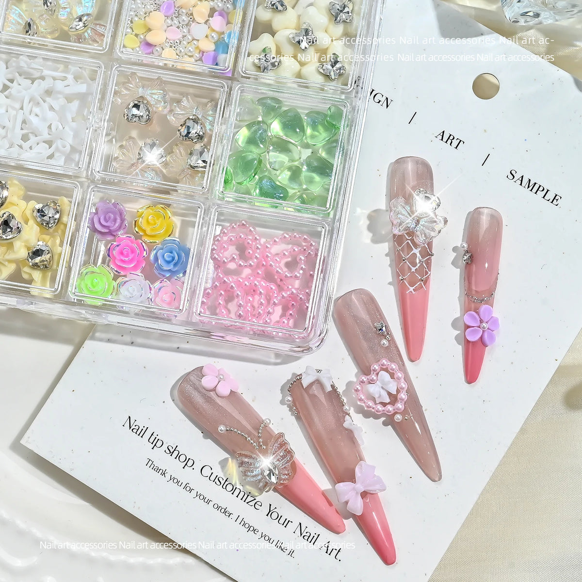 12-Grid 3D Nail Art Rhinestones – Butterflies, Bows & Hearts Nail Art Accessories PRIMED