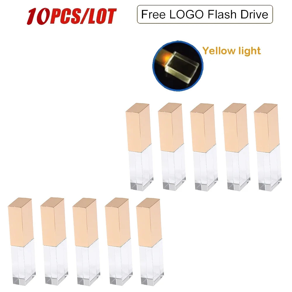 10-Pack Crystal USB Flash Drive 128GB | LED, Free Logo Engraving USB Flash Drive PRIMED Gold 4GB