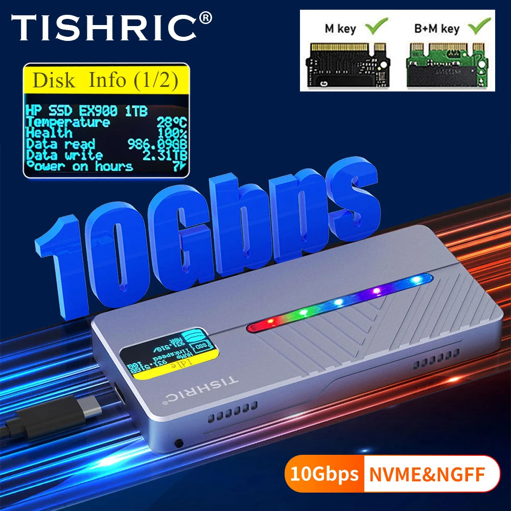 TISHRIC RGB M.2 NVMe NGFF SSD Enclosure USB-C 10Gbps 4TB SSD Hard Drive Enclosure PRIMED