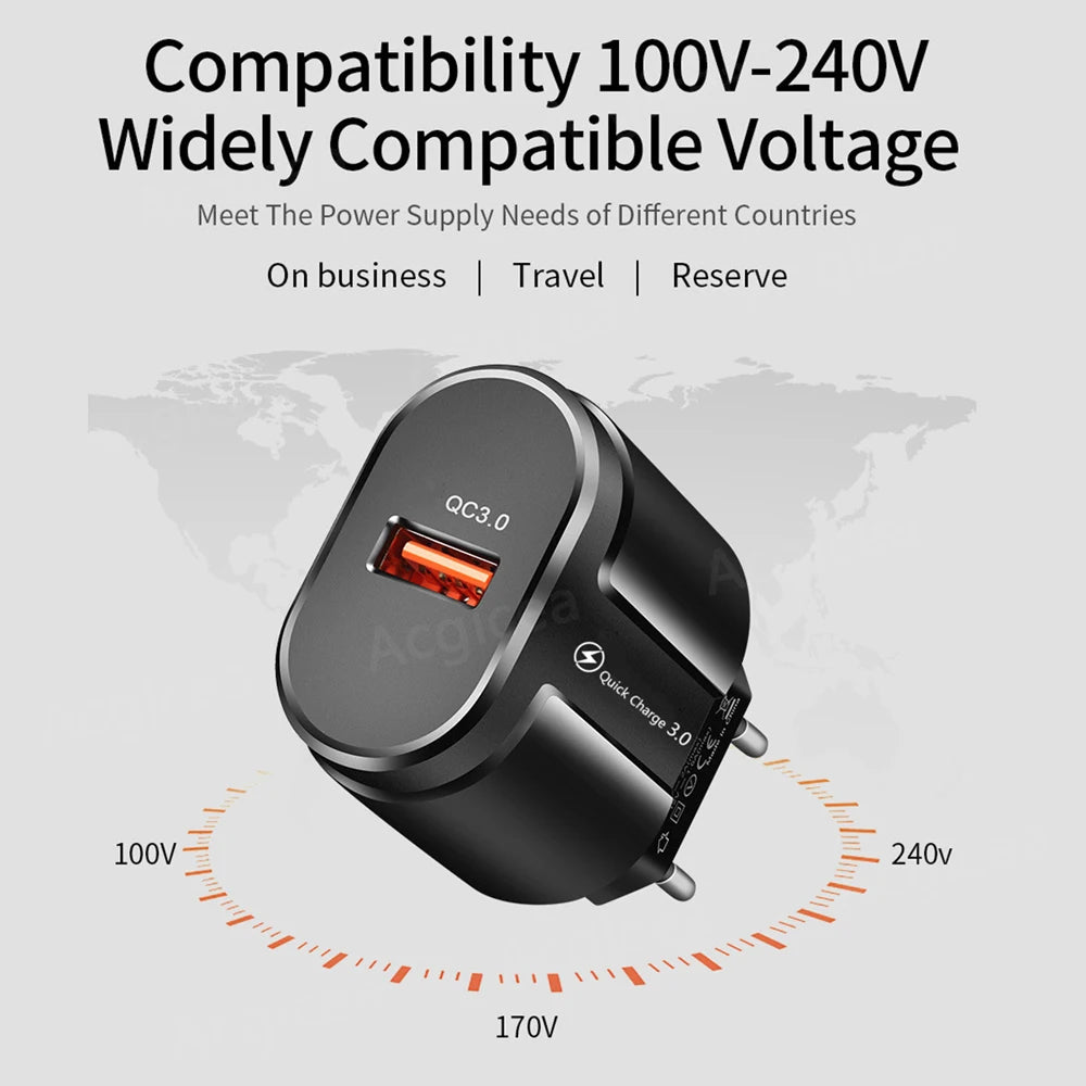 QC3.0 18W Fast USB Wall Charger – EU/US Plug Travel Adapter USB Wall Charger PRIMED
