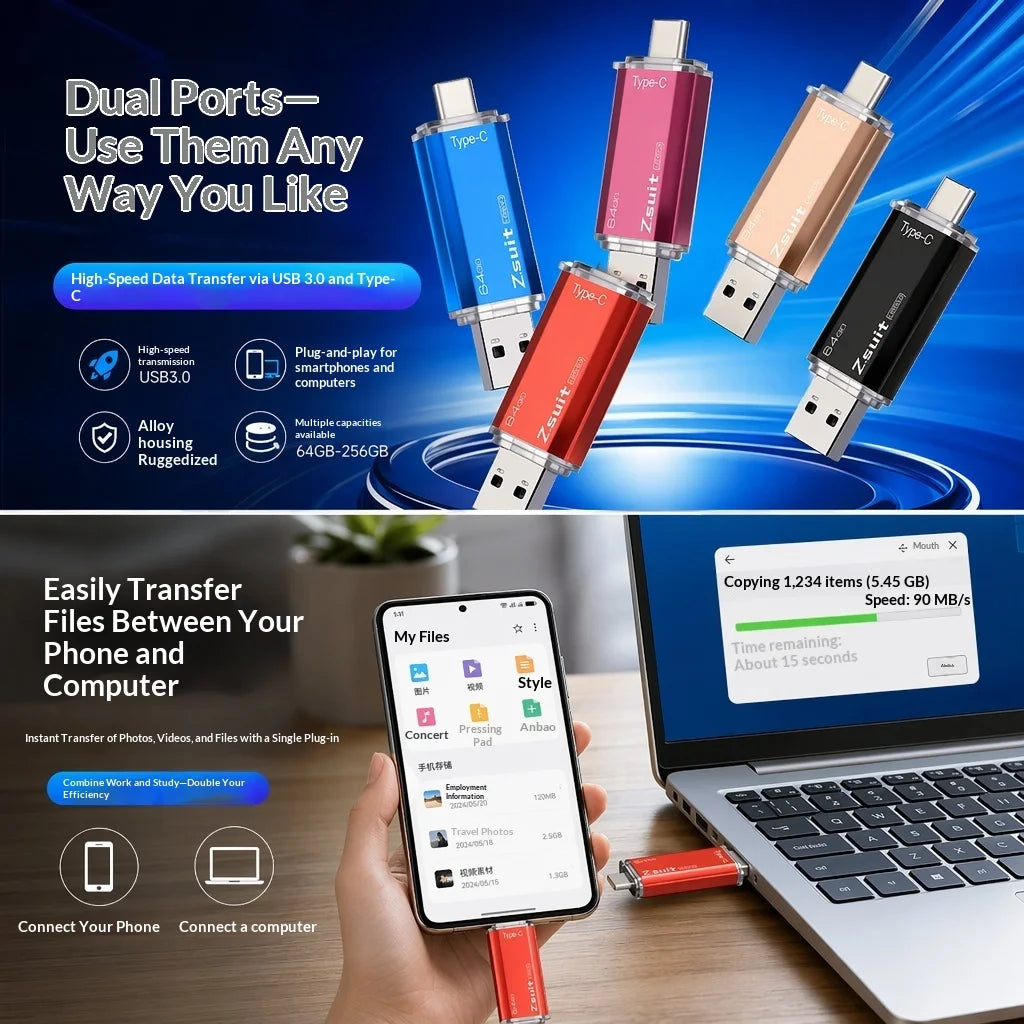 Z-SUIT 2-in-1 USB Type-C & USB 3.0 Metal Flash Drive 128GB USB Flash Drive PRIMED