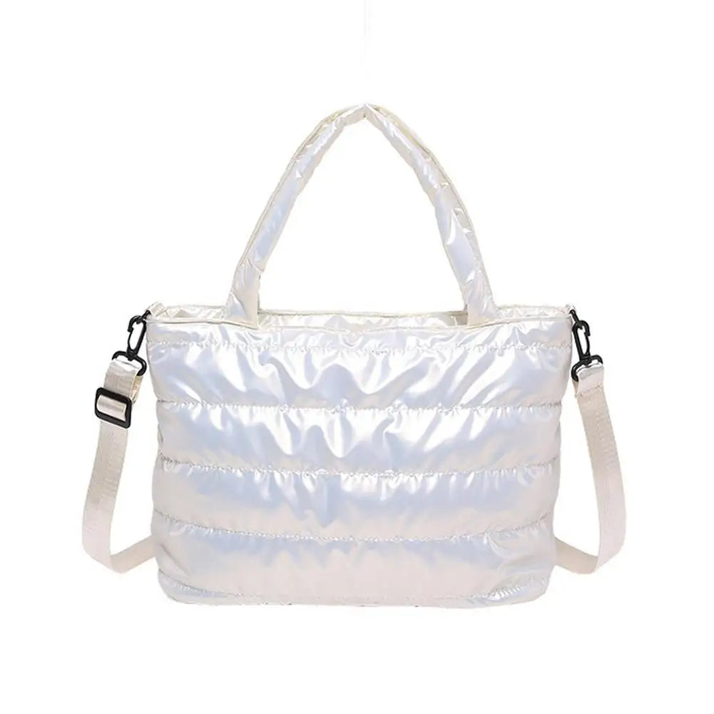 Women's Quilted Puffer Tote Bag – Shiny PU Crossbody Handbag Puffer Tote Bag PRIMED White