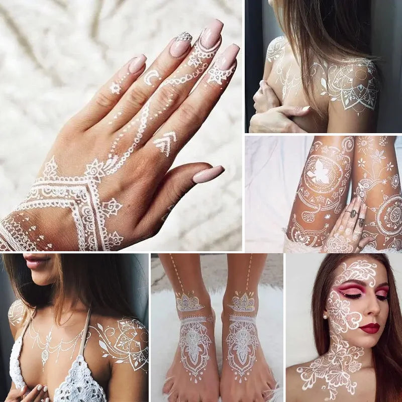 White Henna Flower Temporary Tattoo Sticker – Body Art