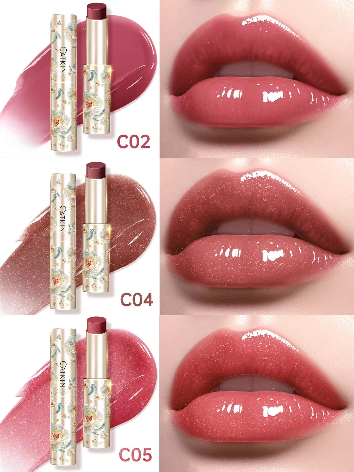 CATKIN 3PCS Glossy Lip Balm Set | Mirror Shine 12H Hydration Lip Balm Set PRIMED C02 C04 C05