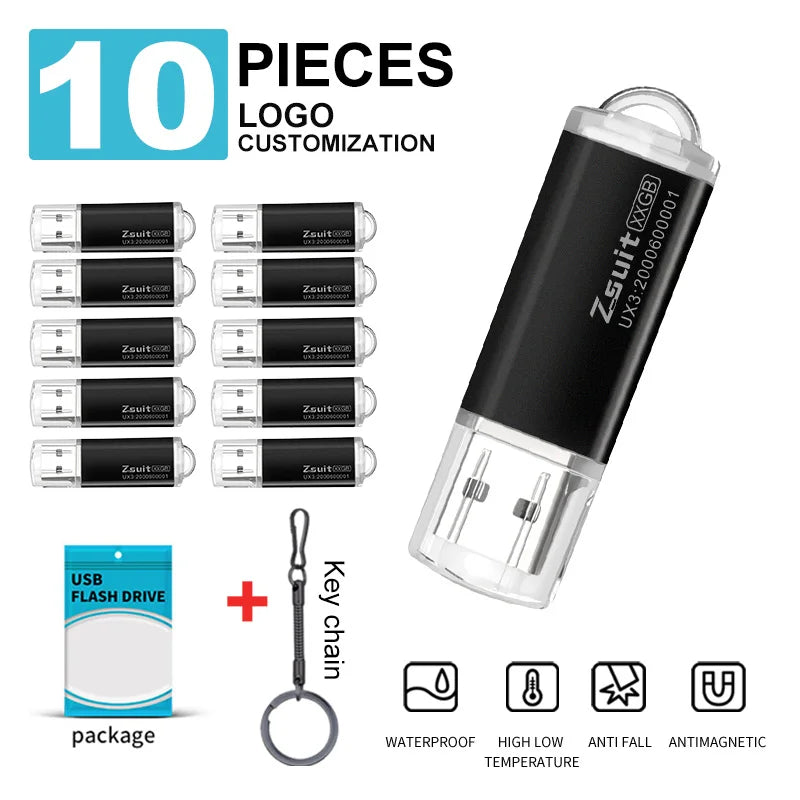 10-Pack Custom Logo Metal USB Flash Drives 2.0/3.0 | 32G 64G Custom USB Flash Drive PRIMED black 2.0-64GB