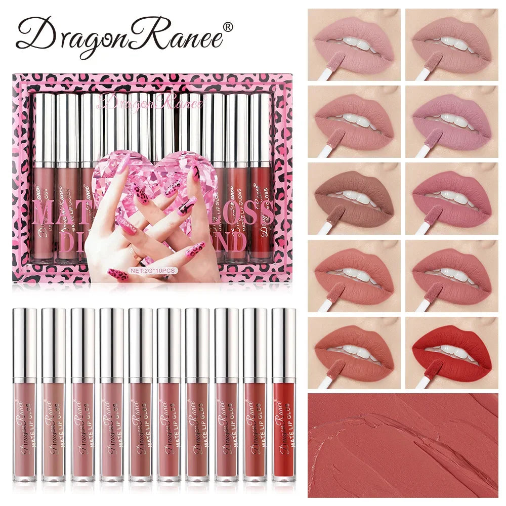Dragon Ranee Velvet Matte Lip Gloss Set – 10pc Waterproof Matte Lip Gloss Set PRIMED