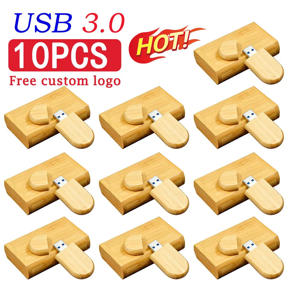 10-Pack Bamboo USB 3.0 Flash Drives | Custom Logo 4–128GB USB Flash Drive PRIMED 64 GB Carbonized with BOX