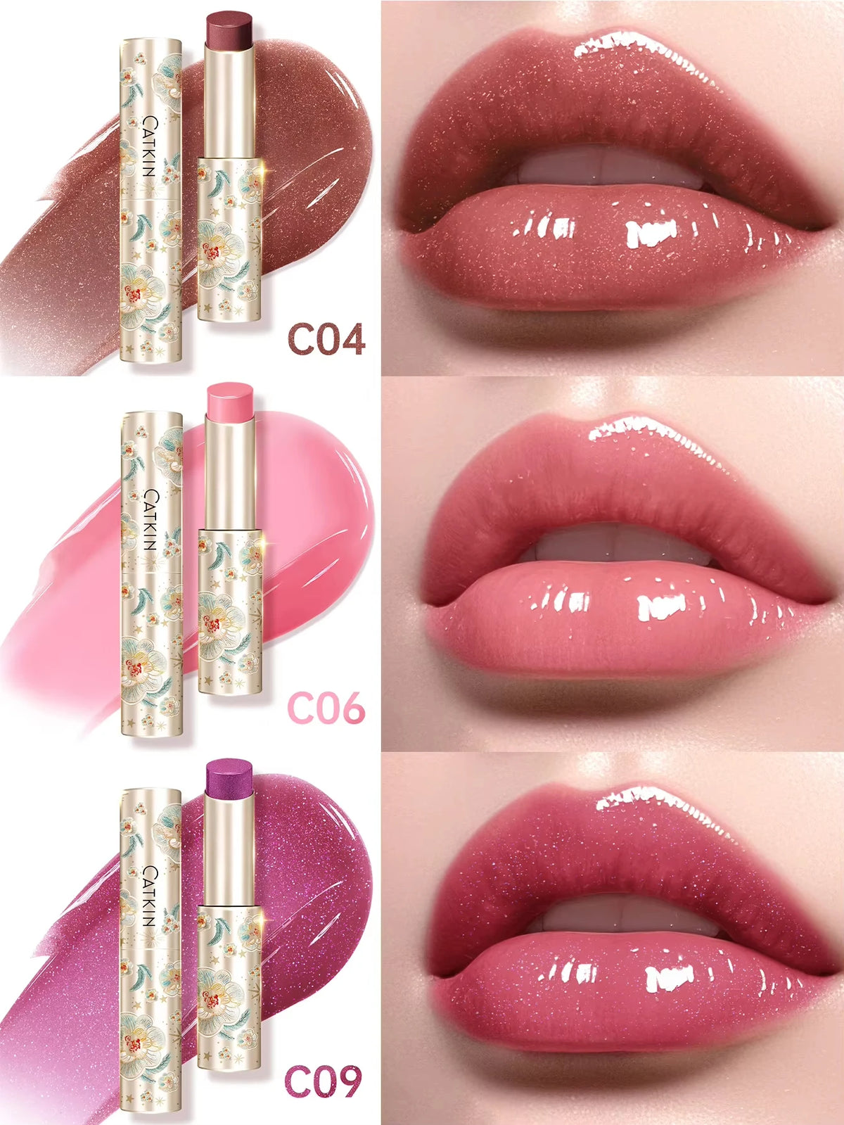 CATKIN 3PCS Glossy Lip Balm Set | Mirror Shine 12H Hydration Lip Balm Set PRIMED C04 C06 C09