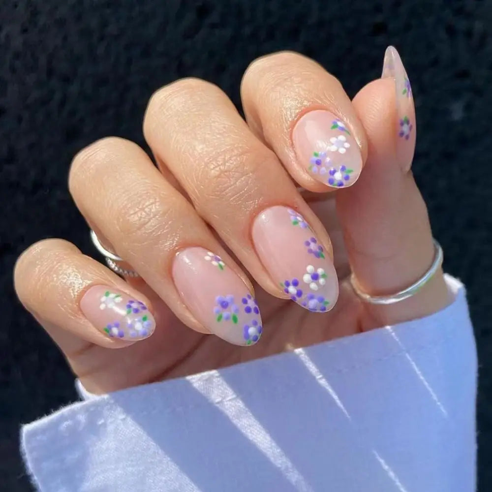 Long Almond Press On Nails Floral Glitter French 24pcs Set