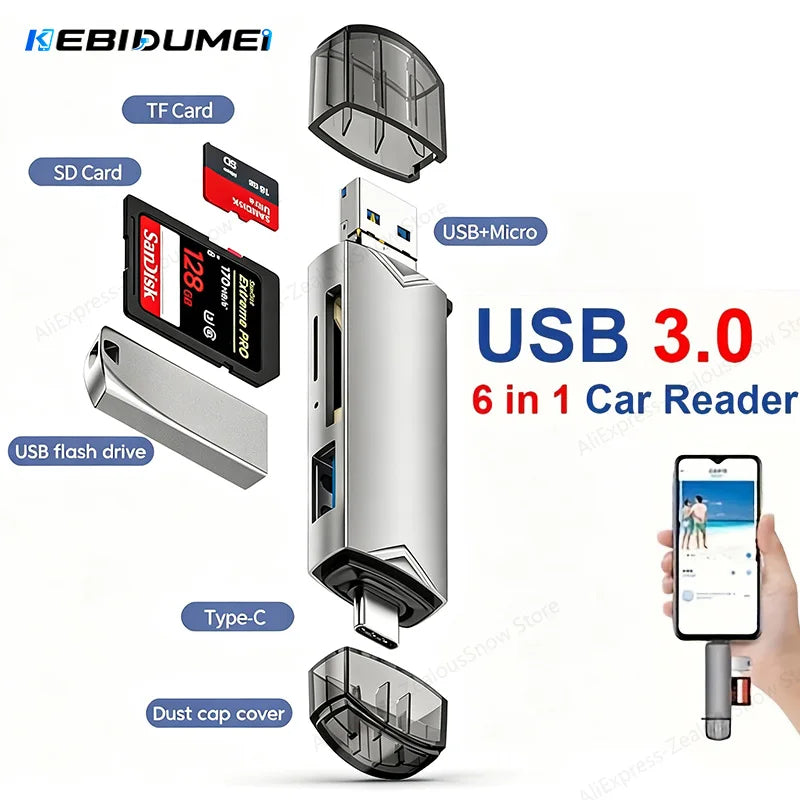 6-in-1 USB 3.0 Card Reader SD TF Type-C OTG Up to 2TB USB Card Reader PRIMED
